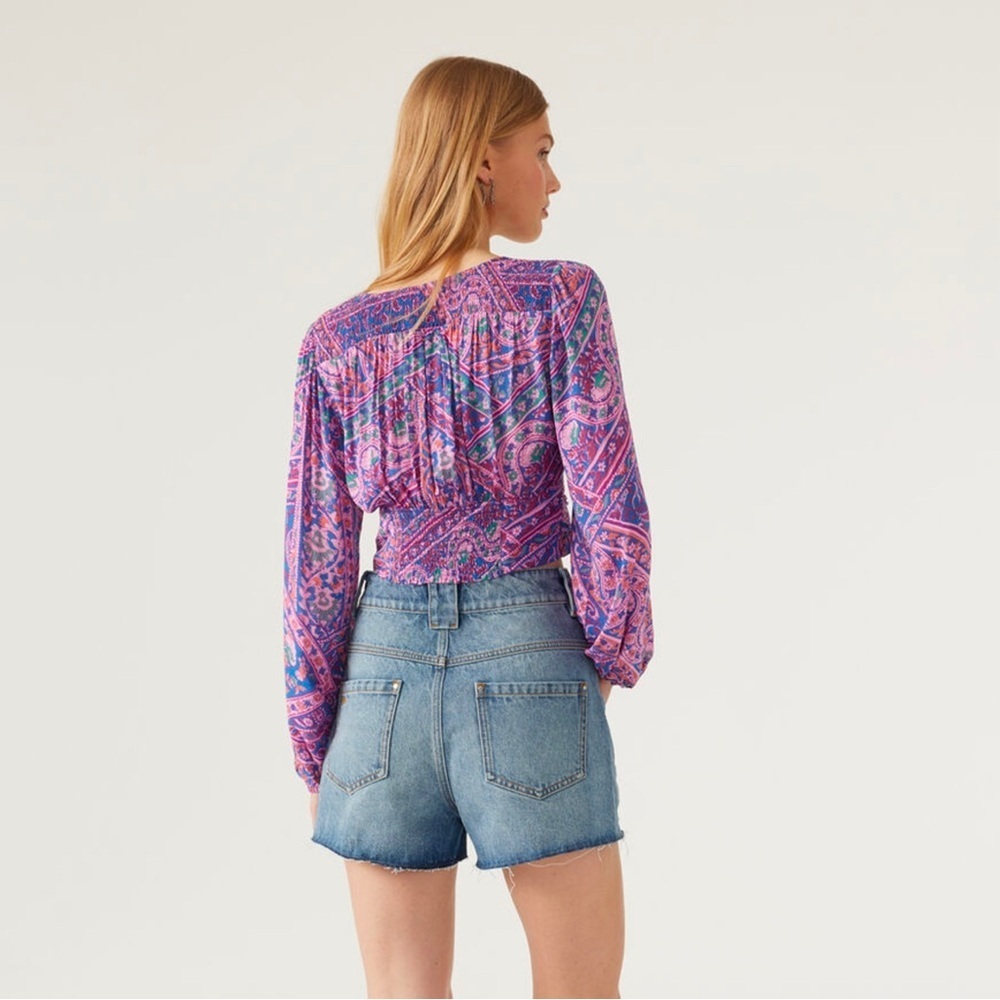 ba&sh NWT Finka Long-Sleeve Floral Paisley Puff Sleeve Crop Top Purple Pink XS - Picture 3 of 15
